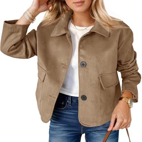 Tankaneo Womens Faux Suede Leather Jackets Casual Cropped Coats Vintage Button Down Shackets, Dark Brown, L