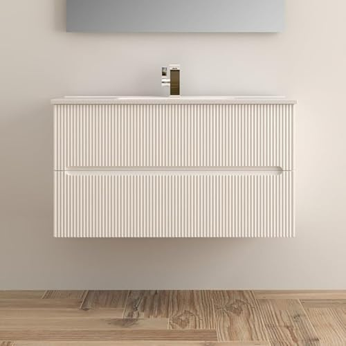 Yellowshop | Mobile Bagno Sospeso FLY 100 cm - 2 Cassetti con Lavabo Ceramica, Finitura Cannettata, Chiusura Soft-Close Bianco Opaco (Mobile con lavabo)