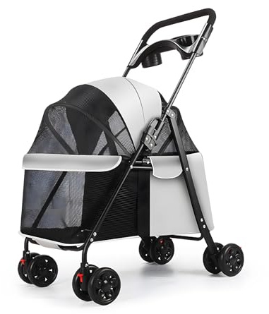 Dog Cat Stroller, Foldable Pet Pram Visible Window for Medium Small Pet, Dog Buggy with Cup Holder and Adjustable Canopy (Light Grey)