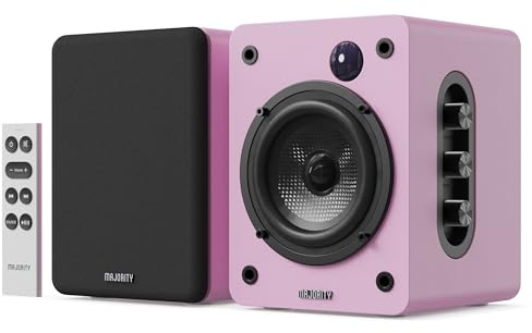 MAJORITY D50X Altavoces Activos 2.0 de 60W para PC | Altavoces HiFi de estantería con Bluetooth 5.3, HDMI ARC y AUX | Monitores de Estudio con chasis de Fibra de Carbono (Rosa)