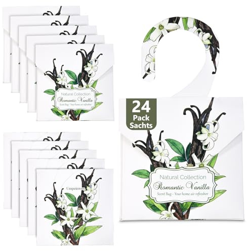 24 Pack Vanilla Scented Sachets for Drawers and Closets, Natural Scent Drawer Sachets with 10 Hanging Bags Warm and Sweet Home Fragrance
