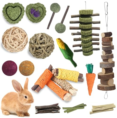 MEETOZ 32 Pack Rabbit Toys Set, Natural Chew Toys for Small Animals,Timothy Hay Sticks, Teeth Care and Exercise, Natural handmade production, Boredom Breaker Accessories for Small Animals