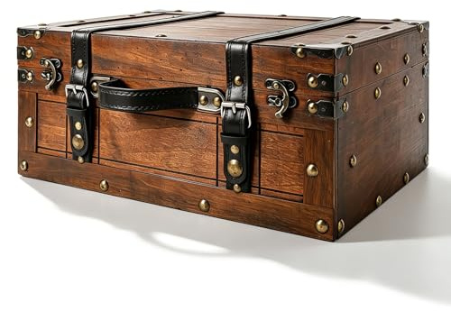 equlup Wooden Chest, 30x19.5x11.2cm Vintage Storage Trunk with Leather Handle Multifunctional Suitcase Keepsake Trunk for Clothes, Toys, Photo, Prop (Small)