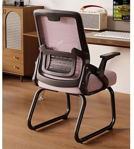Ergonomisk kontorsstol i mesh Med slädeunderrede Besöksstol for kontor Med ryggstöd Lämplig for konferensrum, sovrum, väntrum och receptioner(Pink+black frame)