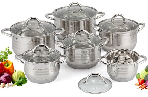 EliteHoff 12-Teilig Induktion Kochtopf-Set, 5-lagig Edelstahl Kochtopf, 6er Set Töpfe mit Deckeln, für Alle Herdarten