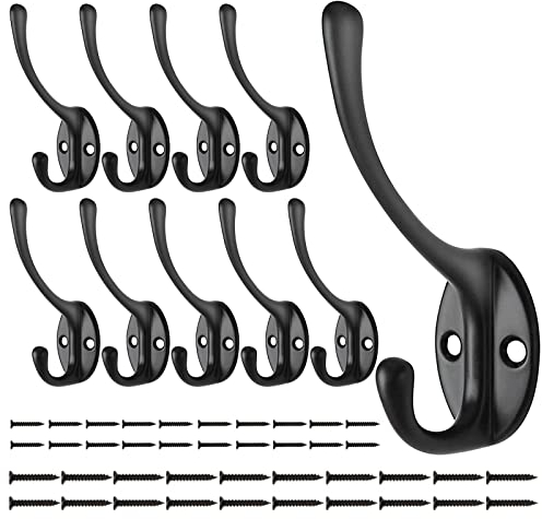 BIGLUFU Garderobenhaken 10stk, Kleiderhaken Schwarz, Schwanenhals-Haken Doppelt Wandhaken Vintage Metall Haken zum Schrauben mit 40x, für Schlafzimmer, Badezimmer, Kleiderschrank, Wohnzimmer