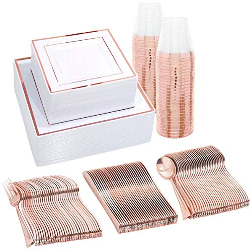 Square Rose Gold Dishes Plates Cups Cutlery for 25 on Special Occasions, 150 Pieces of Reusable Plastic Dinnerware for Dinners, Birthdays, Mothers Day, Parties, Weddings, Easter, Summer Celebrations