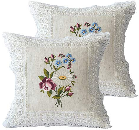 K MASANIJI Embroidered Spring Floral Throw Pillow Covers Set of 2, 18x18 inches Farmhouse Cottage Garden Pillow Shams Linen Blended Decorative Cushion Cover Case (Linen Natural, Linen Blended)