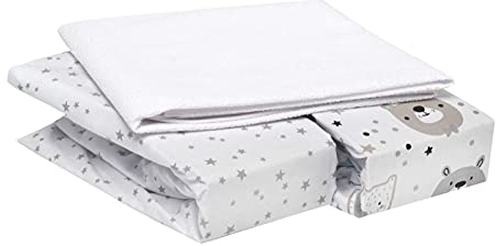 FlyIdeas Juego 3 Pza - 2 Sabanas Bajeras para Cuna 120x60 cm con Esquinas Engomadas y 1 Protector Colchon Impermeable en 100% Puro Algodon Cert. Suave y Transpirable, Hecho in EU