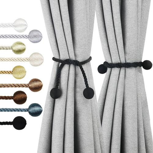 Nieffeiy Curtain Tiebacks Outdoor Elegant Decorative Tie Backs Modern Rope Tiebacks for Drapes Window Curtain Holdbacks for Draperies (Black, 4)