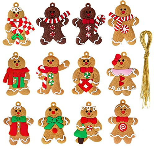 12 Pezzi Omino Pan di Zenzero Natale, Edonkvi PVC Addobbi Ciondoli di Gingerbread set, Ornamento Pendenti con Spago per Albero di Natale e Festa la Casa Decorazioni