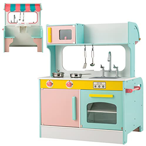 GYMAX Kids Play Kitchen, 2 in 1 Wooden Toy Kitchen with Oven, Stove, Sink, Cookware Accessories & Storage Cabinet, Kids Kitchen Playset Gift for 3 Years Old+ Girls Boys (Pink+Blue)