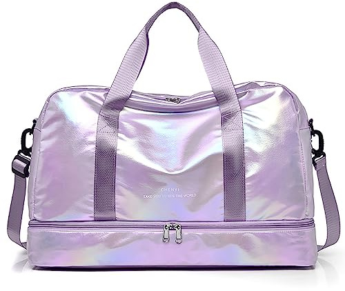 Vllcsla Bolsas de Deporte para Mujer con Compartimentos Zapatos, 40L, Bolsa de Gimnasio Ligera Impermeable con Bolsillo Húmedo, Bolsa de Viaje Impermeable Mujer para Deportivas Gimnasio (Morado)
