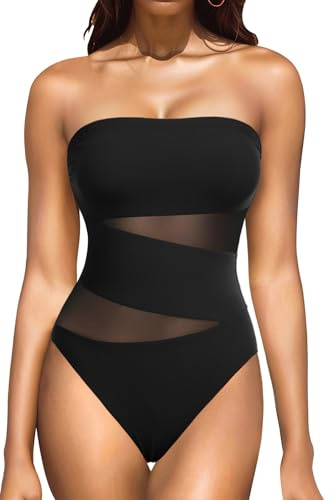 Holipick Women Strapless One Piece Swimsuit Tummy Control Bandeau Bathing Suit Mesh Cutout Swimwear, Black with Mesh, Large