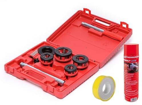 ROTHENBERGER Industrial Super Cut | 9 teiliger Gewindeschneidkluppensatz mit 4 Schneidköpfen, Hochleistungs-Gewindeschneidfluid, Teflonband 10 m