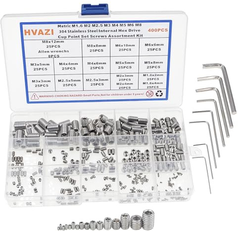 HVAZI 400PCS Metric M1.6 M2 M2.5 M3 M4 M5 M6 M8 304 Stainless Steel Internal Hex Drive Cup Point Set Screws Assortment Kit,with Allen wrenchs
