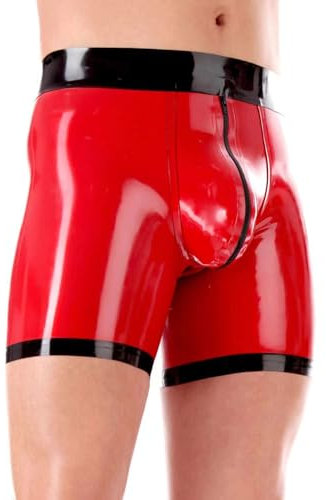 Herren Sexy Rot Latex Boxer Shorts Reißverschluss Gummi Unterwäsche Kurze Hosen Handmade Unterhosen Höschen (2XL)