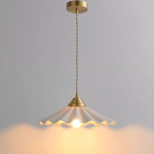XMFMING Ceramic Pendant Light, Vintage Pendant Light Fixture with Pleated Ceramic Lmapshade, White Porcelain Pendant Light, Hanging Light for Hallway Kitchen Island Dining Room, 11.8in