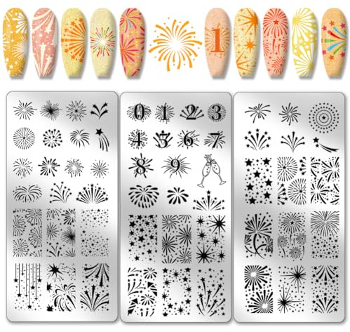 PH PandaHall 3pcs Plaques de Tampons à Ongles de Feux D'artifice Plaques à Ongles de Célébration Plaque D'image de L'ongle en Acier Inoxydable pour Mariage Été Bord de Mer la Conception de Nail Art