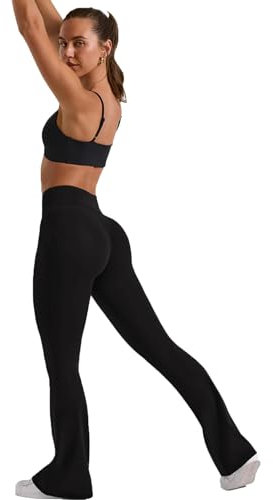 REORIA Damen Yoga Hose Flared Leggings High Waist Sport Leggings Schlaghose Jogginghose Lang Fitnesshose mit 2 Taschen Schwarz M