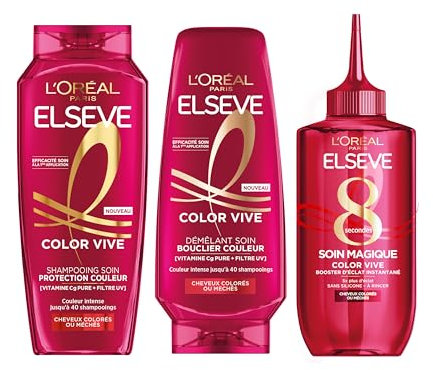 L'Oréal Paris - Routine de Soins Capillaires pour Cheveux Colorés ou Méchés - Protège la Couleur - Enrichi en Vitamine Cg et Filtres UV - Shampooing, Démêlant & Soin Magique - Elseve Color-Vive