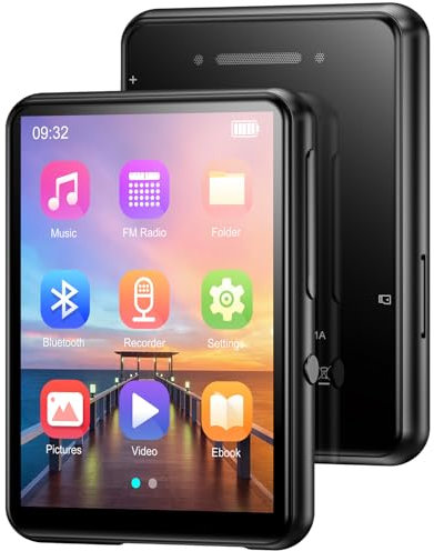 Reproductor MP3 de 128 GB con Bluetooth 5.3 actualizado, reproductor de música de bucle único con altavoz HD, radio FM, grabadora de voz, pantalla táctil completa de 2.4 pulgadas, MP3, ideal para