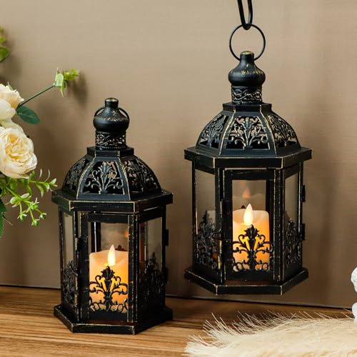 TRIROCKS Set of 2 Vintage Decorative Lanterns 24 cm H Hanging Lantern Metal Candle Holder with Tempered Glass for Indoor Outdoor Home Decor Parties Garden Patio FarmhouseTabletop Events Wedding(Black)