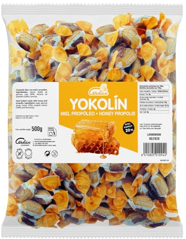 Caramelos Cerdán - Yokolín Caramelo con 20% Miel Pura y Propóleo- Honey Propolis | Bolsa de 150 Unidades, Caramelo Duro Sin Gluten ni Alérgenos | Ideal para Fiestas, Eventos y Cumpleaños, 500 grs