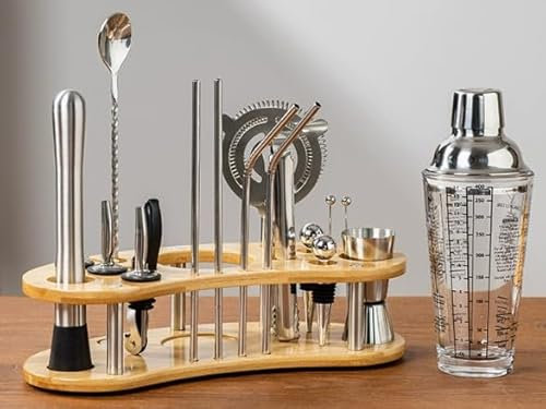 Leseed 19 Pezzi Shaker Cocktail set, 750 ml set Cocktail Inossidabile da con Supporto in Legno e Ricettario per Cocktail, per Preparare kit Cocktail,Regalo per Uomo e Donna