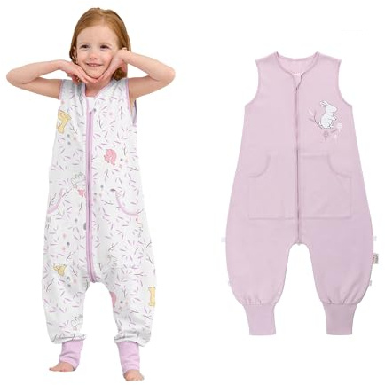 LAT Baby sovsäck med fötter 2-pack, baby sommarsovsäck med fötter, 0,5 TOG barnsovsäck med ben, 100 % bomull barn sommarsovsäck med fickor för pojkar och flickor, Kanin + vit, XL, M/XL