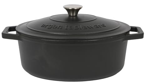 Argon Tableware 4.68L Ovale Cocotte en Fonte avec Couvercle Auto-Arrosant - Noir Mat - 1x Plaque à Induction Cuisson du Pain Portion Grillage Ragoût Marmite Ustensiles de Cuisine Poêle