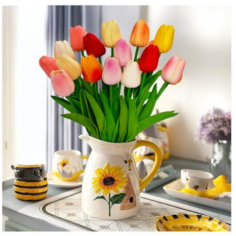 MUSHUI Lot de 18 tulipes artificielles en polyuréthane - Toucher réel - Mélange de 9 couleurs - Faux tulipes - Bouquets de fleurs - Arrangement pour la maison, le mariage, la fête, le centre