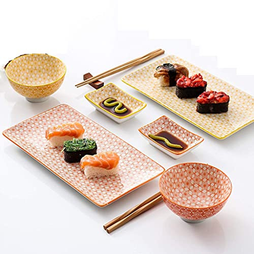 ABBNIA Set da Sushi in Porcellana in Stile Giapponese con 2 Piatti da Sushi, Ciotole, Piatti per Salse e 2 Paia di Bacchette di bambù, Confezione Regalo.