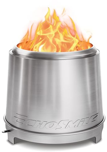 EchoSmile Braciere Senza Fumo da 46 cm con Tripla Combustione e Valvola Regolabile, Cassetto Cenere Rimovibile, Acciaio Inox, Focolare Portatile per Esterni, Giardino, Patio, Campeggio