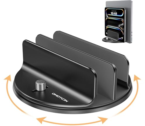 OMOTON Support vertical rotatif à 360° pour ordinateur portable, organiseur de bureau à double fente en aluminium pour MacBook et iPad, bouton de réglage latéral (pas de vis perdues), peut contenir un