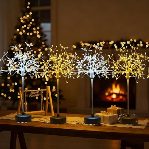 Kyrebcc Table Lights Fireworks, Mini Table Starburst Silver Lights, Led Christmas Starburst Firework Lamp, Battery/USB Warm White Decorative Fireworks Light for Party, Home Decor
