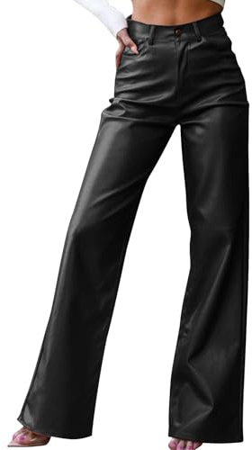 Faux Leather Trousers Women Wide Leg High Waisted Wet Look Leather Yoga Pants Tummy Control Palazzo Trousers Lounge Pants Loose Fit Comfy Soft Bottoms for Evening Vacation Work Party Night Out Black