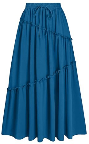 Gracyoga Womens Summer Casual Elegant Smock Layered Tiered Maxi Skirt High Waisted A Line Flowy Long with Pockets Royal Blue M