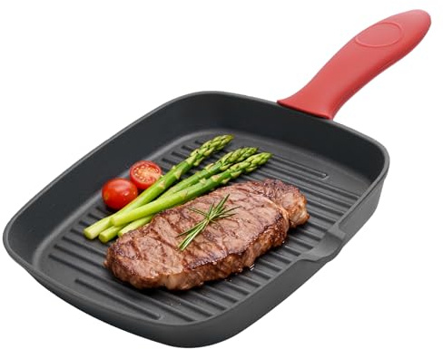 TOQUE Cast Iron Square Grill Pan, Pre-Seasoned Griddle Pan for Steak, Meat, Bacon & Fish, Ribbed Skillet with Pour Spouts & Silicone Handle, Induction & Oven Safe, 23.5cm