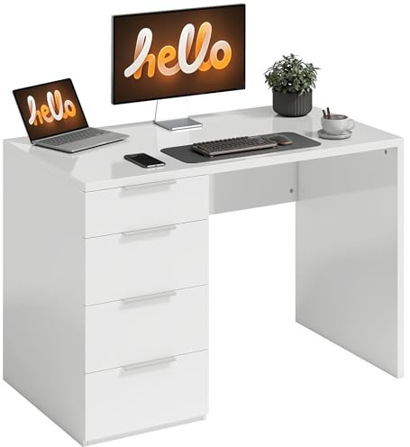 HOMCOM Bureau d'Ordinateur avec Rangement 4 Tiroirs 110 x 60 cm Blanc | à Haute Brillance, Style Moderne, Table Informatique, pour Chambre et Petit Espace, Télétravail