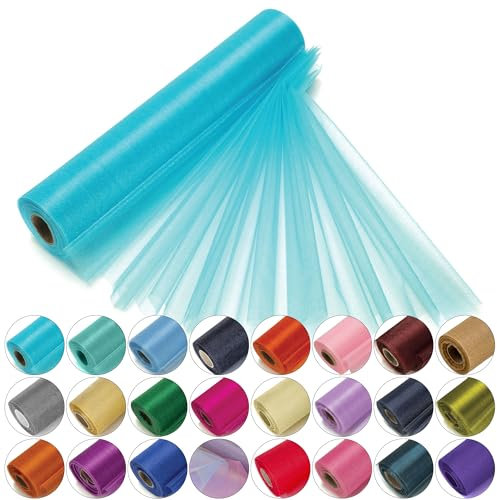 29cm x 25m Roll of Organza Sheer Fabric - Elegant Decorative Cloth for Wedding Chair Bows, Table Runners, Party Favours - Crafting Supplies for Ribbons, Dress Accents,and Bags, Aqua Blue