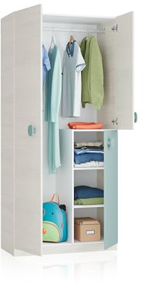 Habitdesign Armario Juvenil 3 Puertas, 200x90x52 (AltoxAnchoxFondo - en cm), Color Blanco Alpes y Verde Acqua