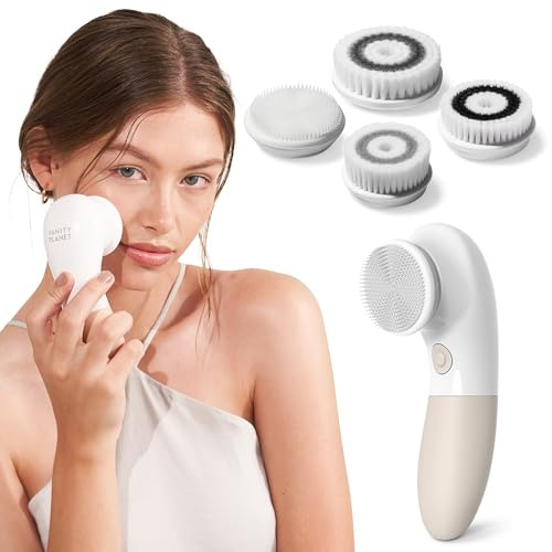 Vanity Planet Raedia Facial Cleansing Brush - Electric Facial Cleansing Brush with 4 Exfoliating Brush Heads - Waterproof, Handheld, Lightweight for Face Scrubber and Exfoliating Face - Warm Grey
