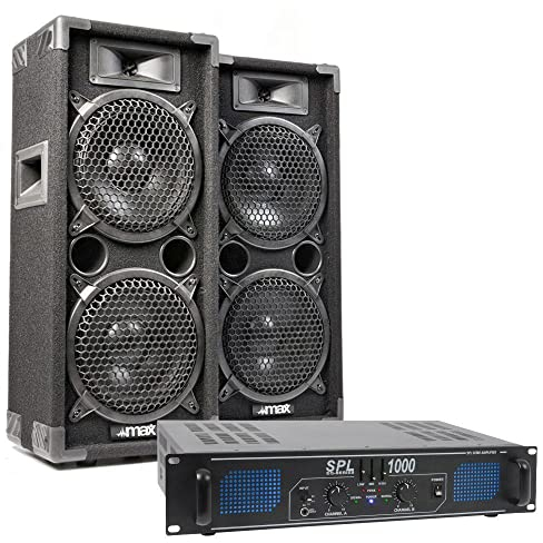 Max MAX28 - Pack de Altavoces para DJ, Incluye Amplificador, Amplificador de 1000 vatios, 2 Altavoces con Amplificador MAX28, Altavoces para Discoteca PA, Sistema de Altavoces para Discoteca DJ
