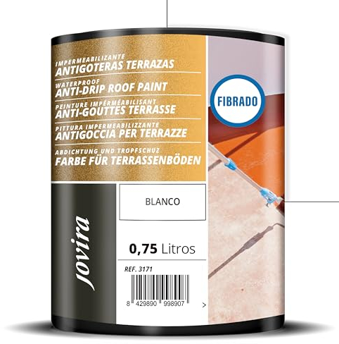 JOVIRA PINTURAS Pintura Impermeabilizante Antigoteras fibrado. Revestimiento Elástico, para Terrazas, Paredes, Medianeras y Tejados. 1 Kg (750 Mililitros, Blanco) F-22