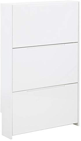 GFW Narrow Shoe Cabinet, White High Gloss 3 Tier Shoe Storage Cabinet for 9 Pairs, Slim Hallway Organiser with Recessed Handles