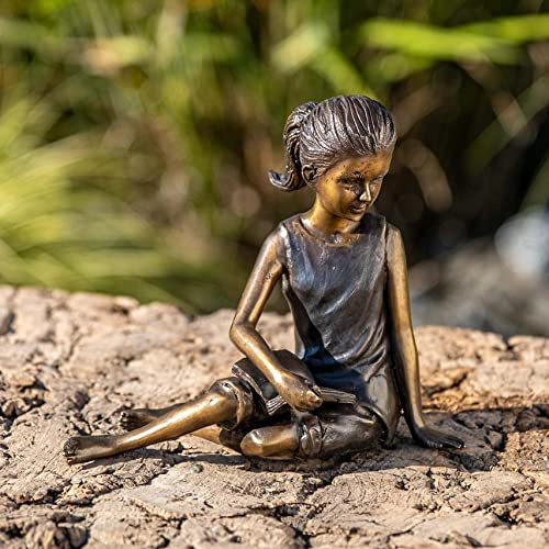 IDYL Bronze-Skulptur Lesendes Mädchen | 14x8x14 cm | Kinderfigur aus Bronze handgefertigt | Gartenskulptur oder Teich-Dekoration | Hochwertiges Kunsthandwerk | Wetterfest