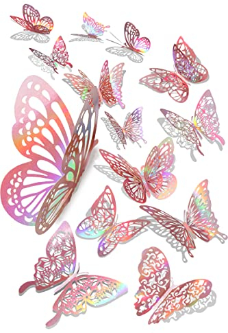 60 Pcs 3D Schmetterlinge Deko Schmetterling Wanddeko Aufkleber mit glänzenden Silber Schmetterling Abziehbilder Klassenzimmer Dekor mit Set 5 Stil DIY Man Made abnehmbare dekorative Papier (Roségold)