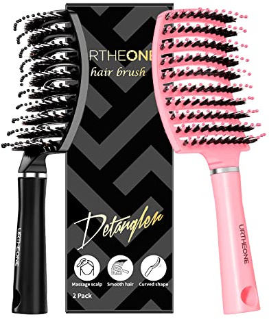 URTHEONE Hair Brush,Detangling Hairbrush Boar Bristle Curved Vented Hair Brush for Women Men Kids Curly Thick Long Short Wet or Dry Hair, Faster Blow Drying(2Pack Pink)