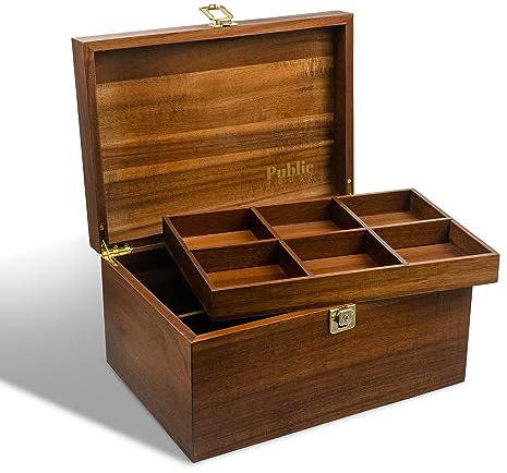 Public House Locking Wooden Keepsake Box, Customizable Design With Adjustable Tray. Large Wooden Box with Hinged Lid for Wedding and Memory Keepsakes